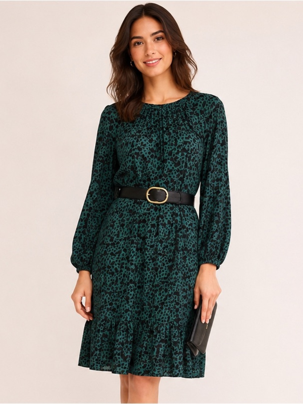 Boden Green Botanical Print Dress US 8 UK 12 ECOVERO Long Sleeve Ruffle Hem
